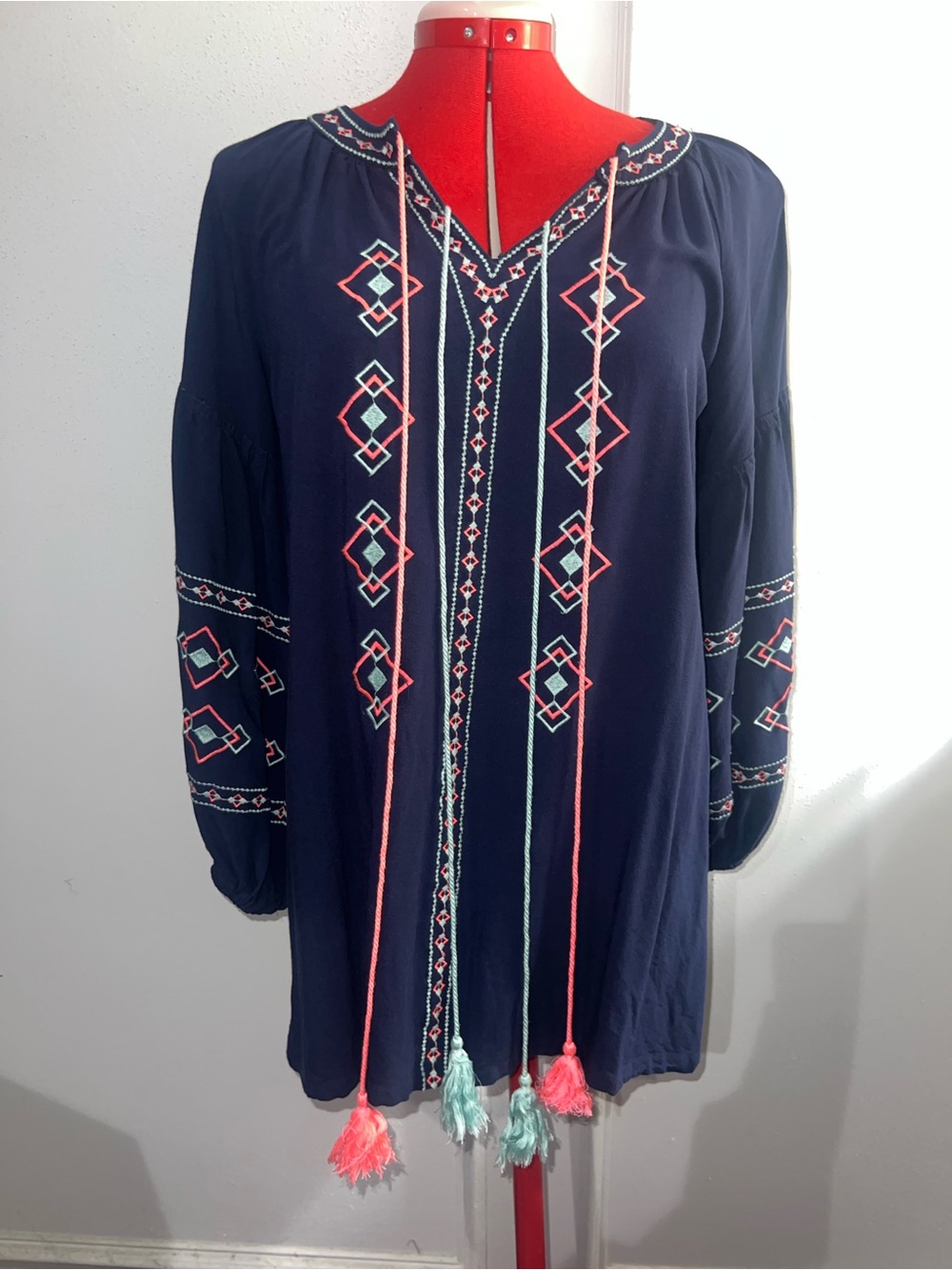 Hayden Navy Embroidered Boho Tunic with Coral and Mint Tassels Size Medium